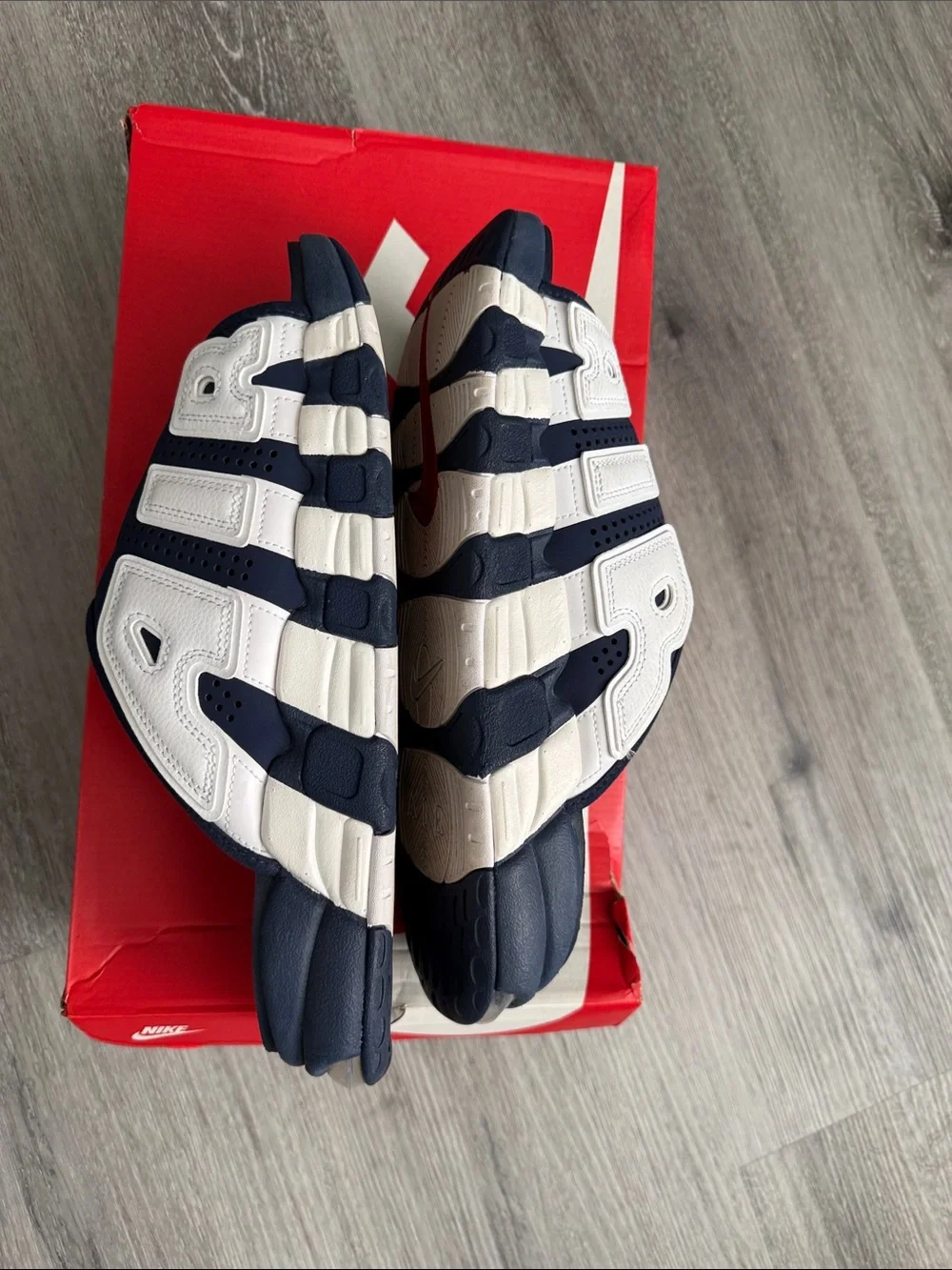 Nike Navy, White and Red Air More Uptempo Slide